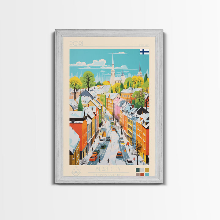 Pori Finland Travel Poster Framed Canvas Print, Midcentury Modern Art, Pop Art Wall Decor, Home Decor, Vacation Gift, Bedroom Art