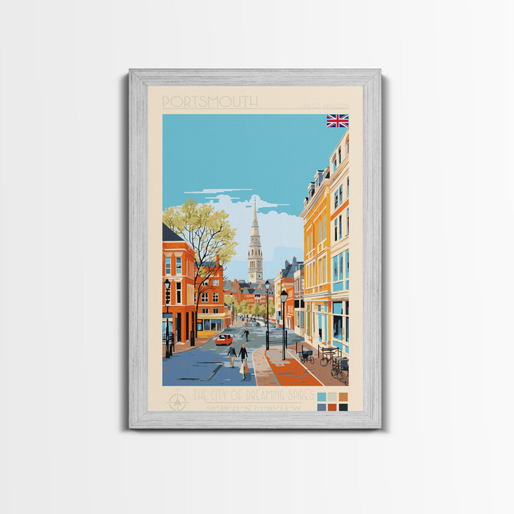 Portsmouth United Kingdom Travel Poster Framed Canvas Print, Midcentury Modern Art, Pop Art Wall Decor, Scenic Wall Art, Bedroom Decoration