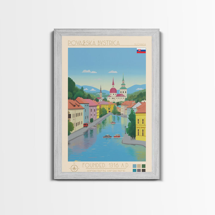 Považská Bystrica Slovakia Travel Poster Framed Canvas Print, Midcentury Modern Art, Pop Art Wall Decor, Scenic Wall Art, Living Room Decoration, Office Art