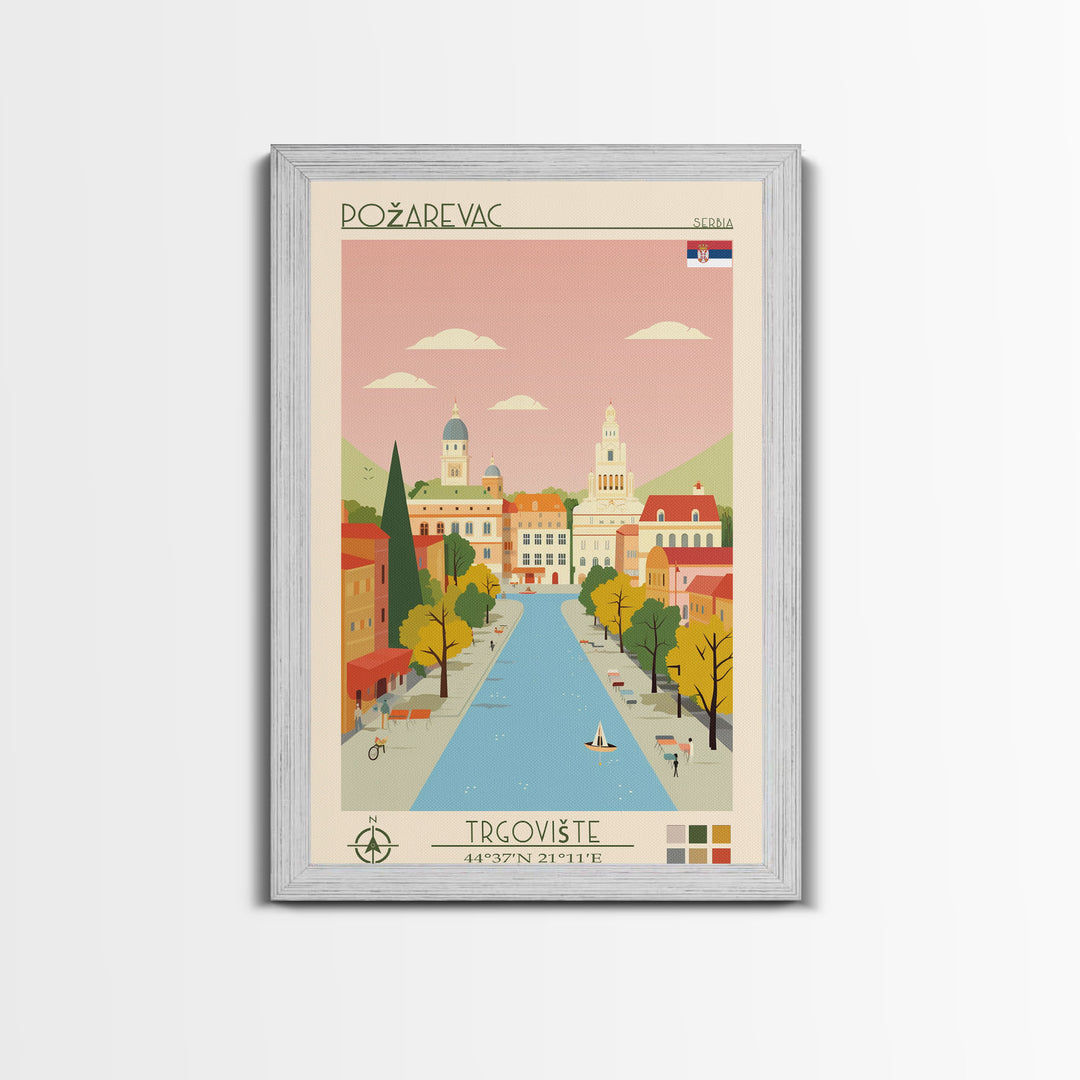 Požarevac Serbia Travel Poster Framed Canvas Print, Midcentury Modern Art, Pop Art Wall Decor, Scenic Living Room Art, Bedroom Decor
