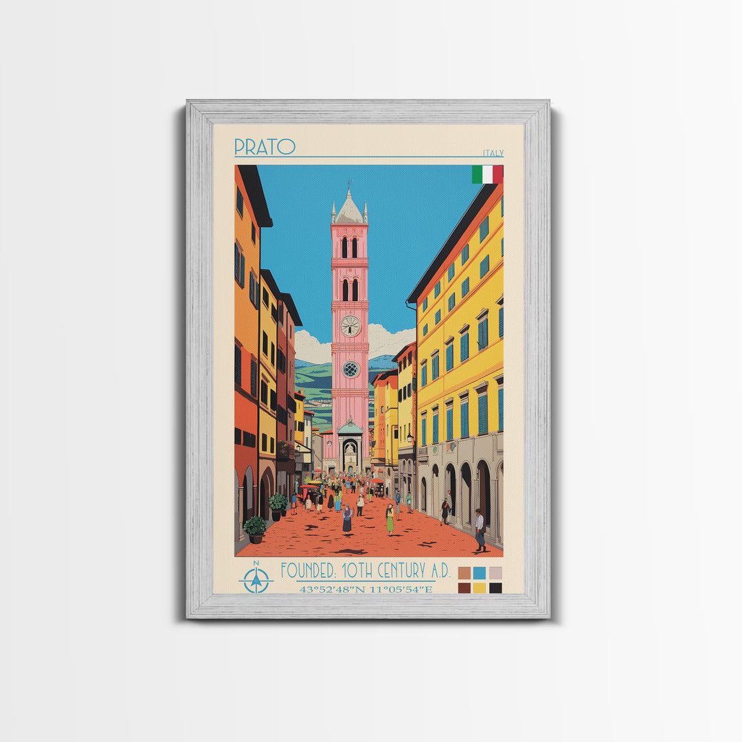 Prato Italy Travel Poster Framed Canvas Print, Midcentury Modern Art, Pop Art Wall Decor, Home Decor, Vacation Gift, Office Art