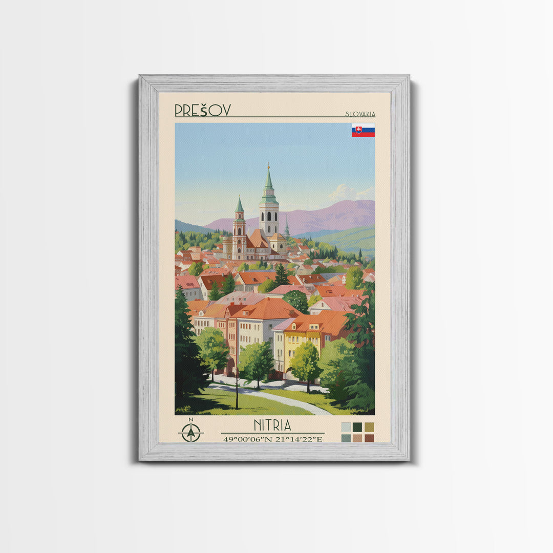 Prešov Slovakia Travel Poster Framed Canvas Print, Midcentury Modern Art, Pop Art Wall Decor, Scenic Living Room Art, Bedroom Gift