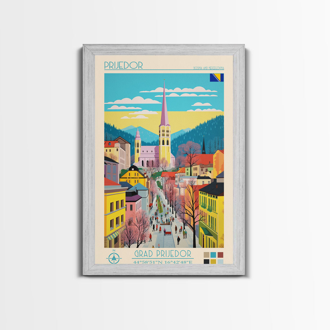 Prijedor Bosnia and Herzegovina Travel Poster Framed Canvas Print, Midcentury Modern Art, Pop Art Wall Decor, Home Decor, Vacation Gift, Bedroom Art