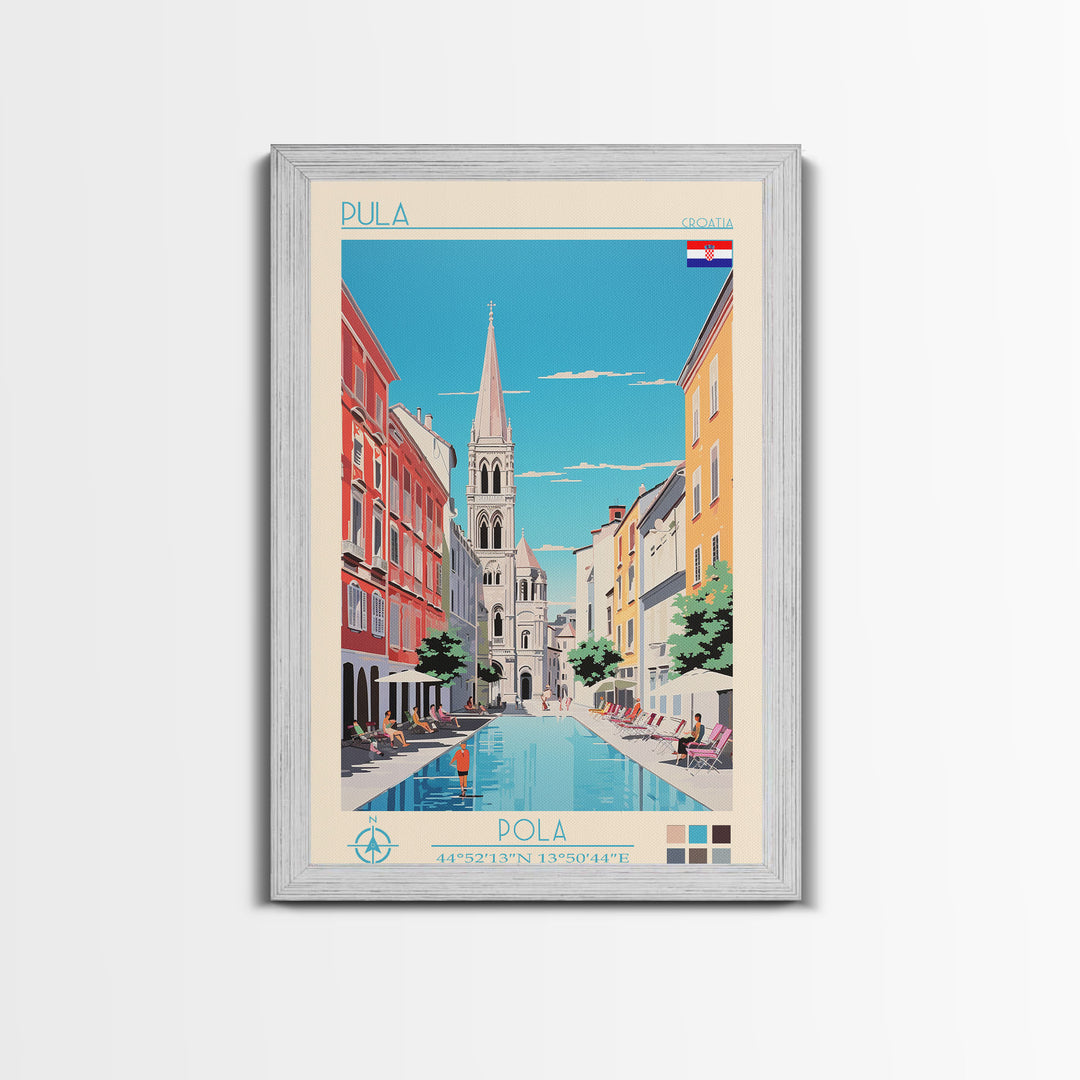 Pula Croatia Travel Poster Framed Canvas Print, Midcentury Modern Art, Pop Art Wall Decor, Scenic Wall Art, Living Room Decoration, Office Gift