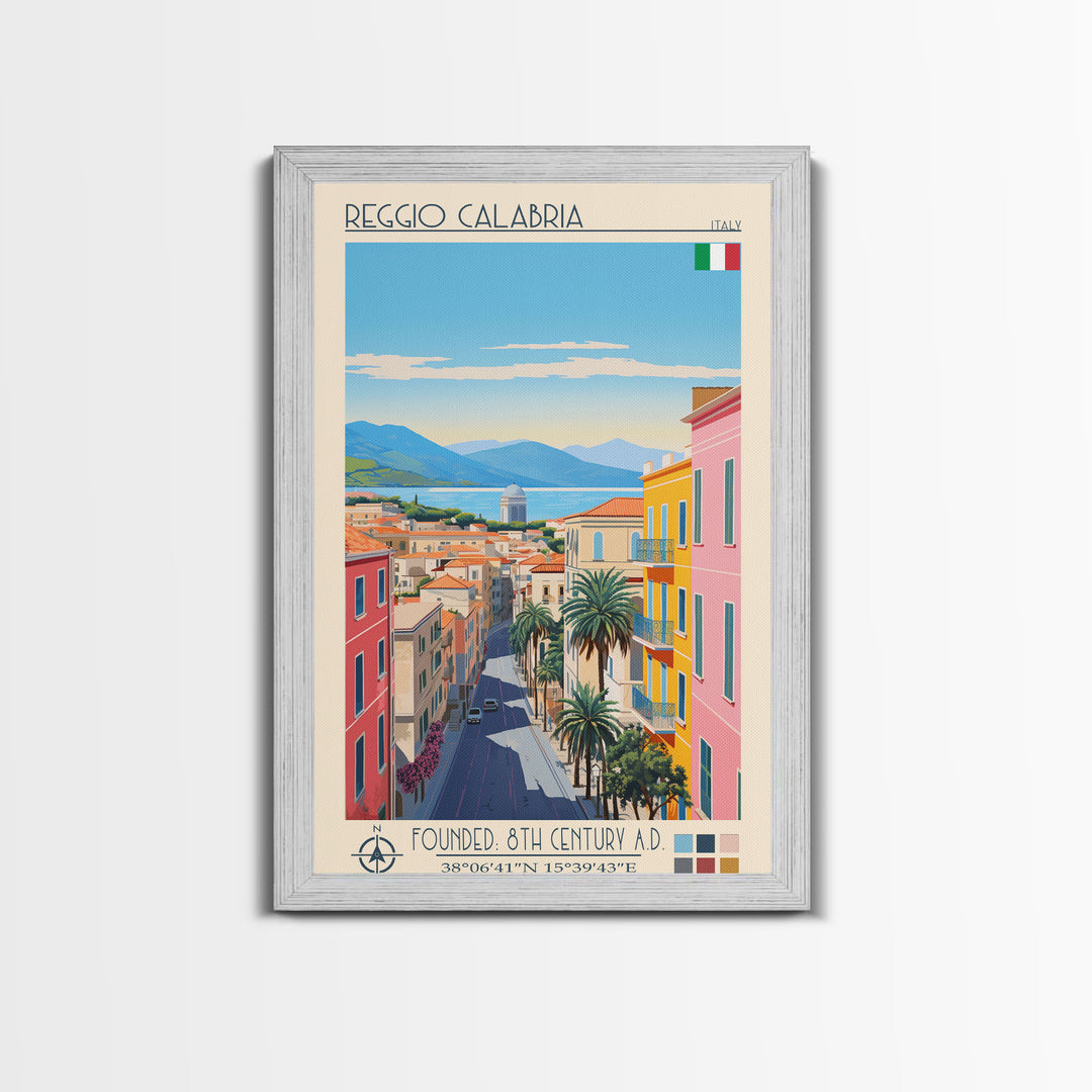 Reggio Calabria Italy Travel Poster Framed Canvas Print, Midcentury Modern Art, Pop Art Wall Decor, Scenic Living Room Art, Bedroom Gift