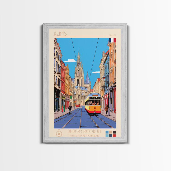Reims France Travel Poster Framed Canvas Print, Midcentury Modern Art, Pop Art Wall Decor, Home Decor, Vacation Gift, Bedroom Art