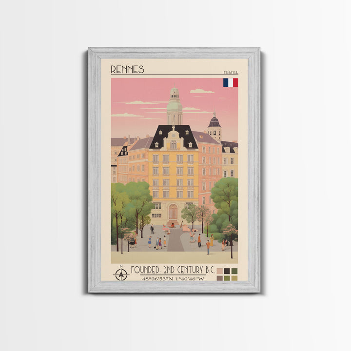 Rennes France Travel Poster Framed Canvas Print, Midcentury Modern Art, Pop Art Wall Decor, Scenic Wall Art, Living Room Decoration, Office Gift