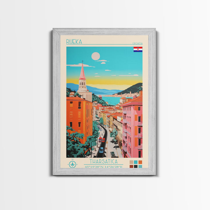 Rijeka Croatia Travel Poster Framed Canvas Print, Midcentury Modern Art, Pop Art Wall Decor, Scenic Wall Art, Living Room Decoration, Office Art