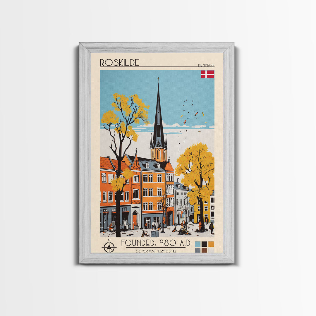 Roskilde Denmark Travel Poster Framed Canvas Print, Midcentury Modern Art, Pop Art Wall Decor, Scenic Living Room Art, Bedroom Gift