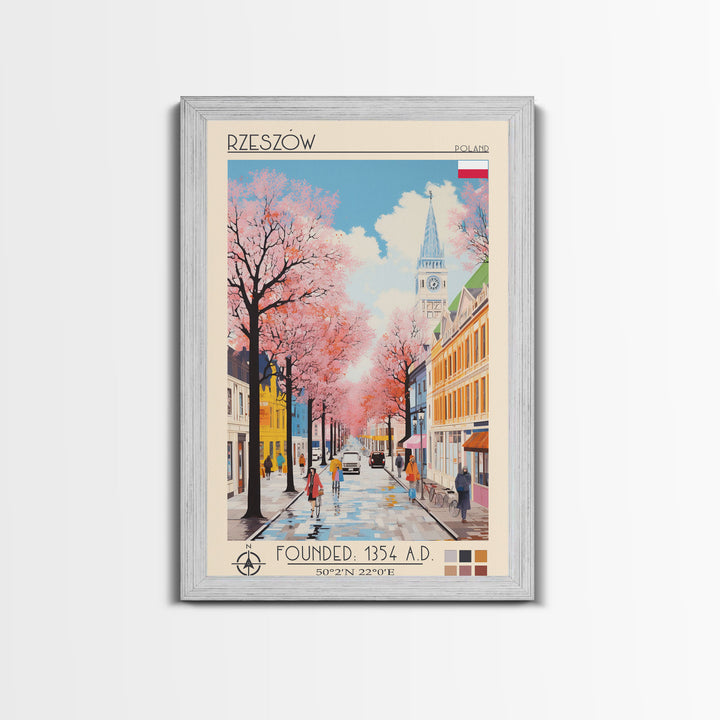 Rzeszów Poland Travel Poster Framed Canvas Print, Midcentury Modern Art, Pop Art Wall Decor, Living Room Art, Bedroom Decoration