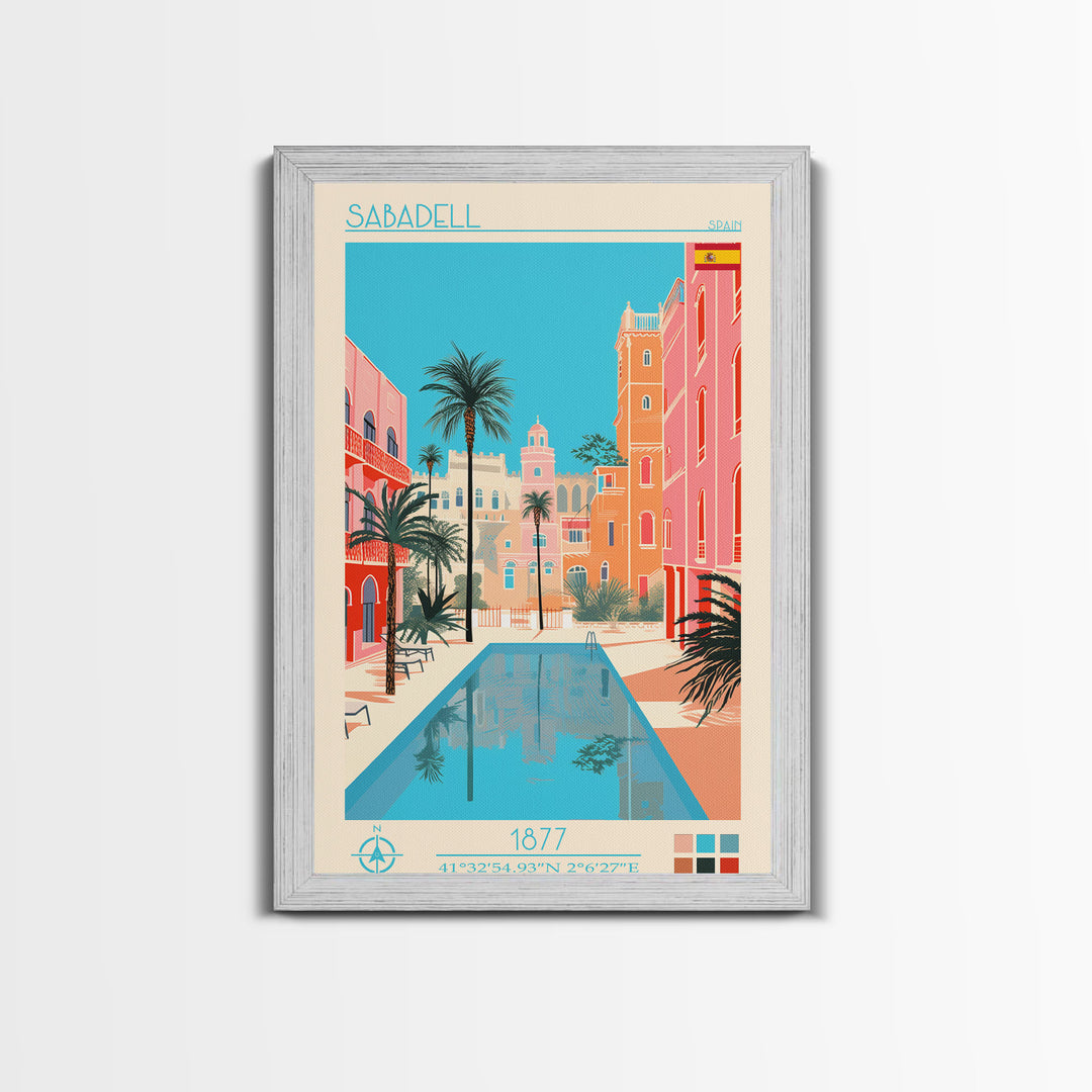 Sabadell Spain Travel Poster Framed Canvas Print, Midcentury Modern Art, Pop Art Wall Decor, Home Decor, Vacation Gift, Office Art