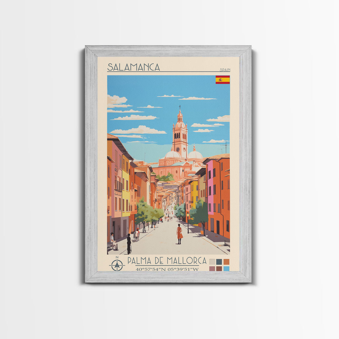 Salamanca Spain Travel Poster Framed Canvas Print, Midcentury Modern Art, Pop Art Wall Decor, Scenic Wall Art, Bedroom Decoration