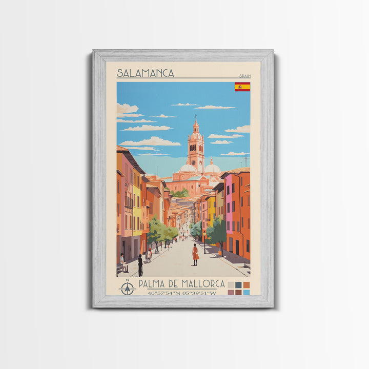 Salamanca Spain Travel Poster Framed Canvas Print, Midcentury Modern Art, Pop Art Wall Decor, Scenic Wall Art, Bedroom Decoration