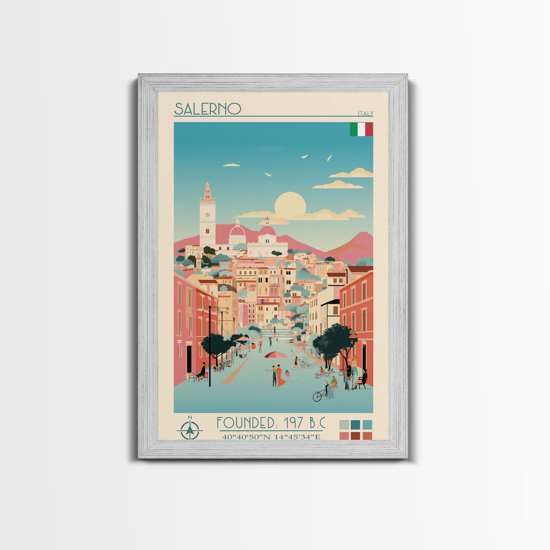 Salerno Italy Travel Poster Framed Canvas Print, Midcentury Modern Art, Pop Art Wall Decor, Home Decor, Office Gift, Living Room Art