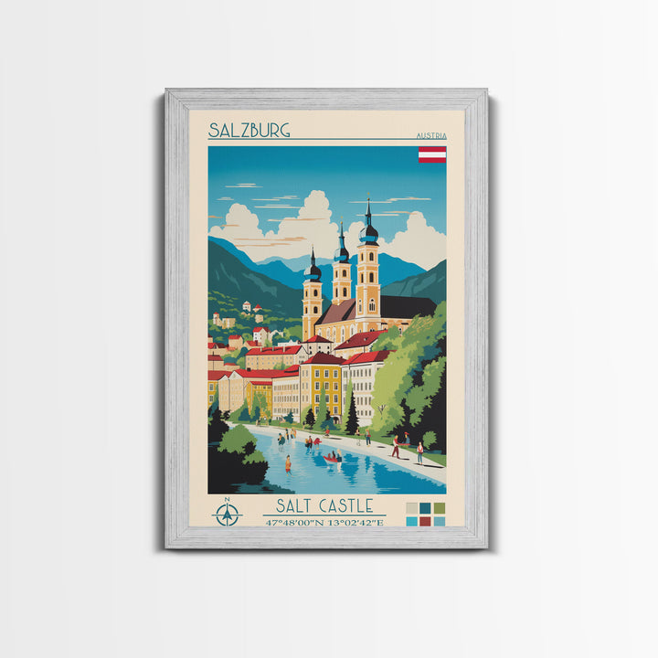 Salzburg Austria Travel Poster Framed Canvas Print, Midcentury Modern Art, Pop Art Wall Decor, Scenic Wall Art, Bedroom Art