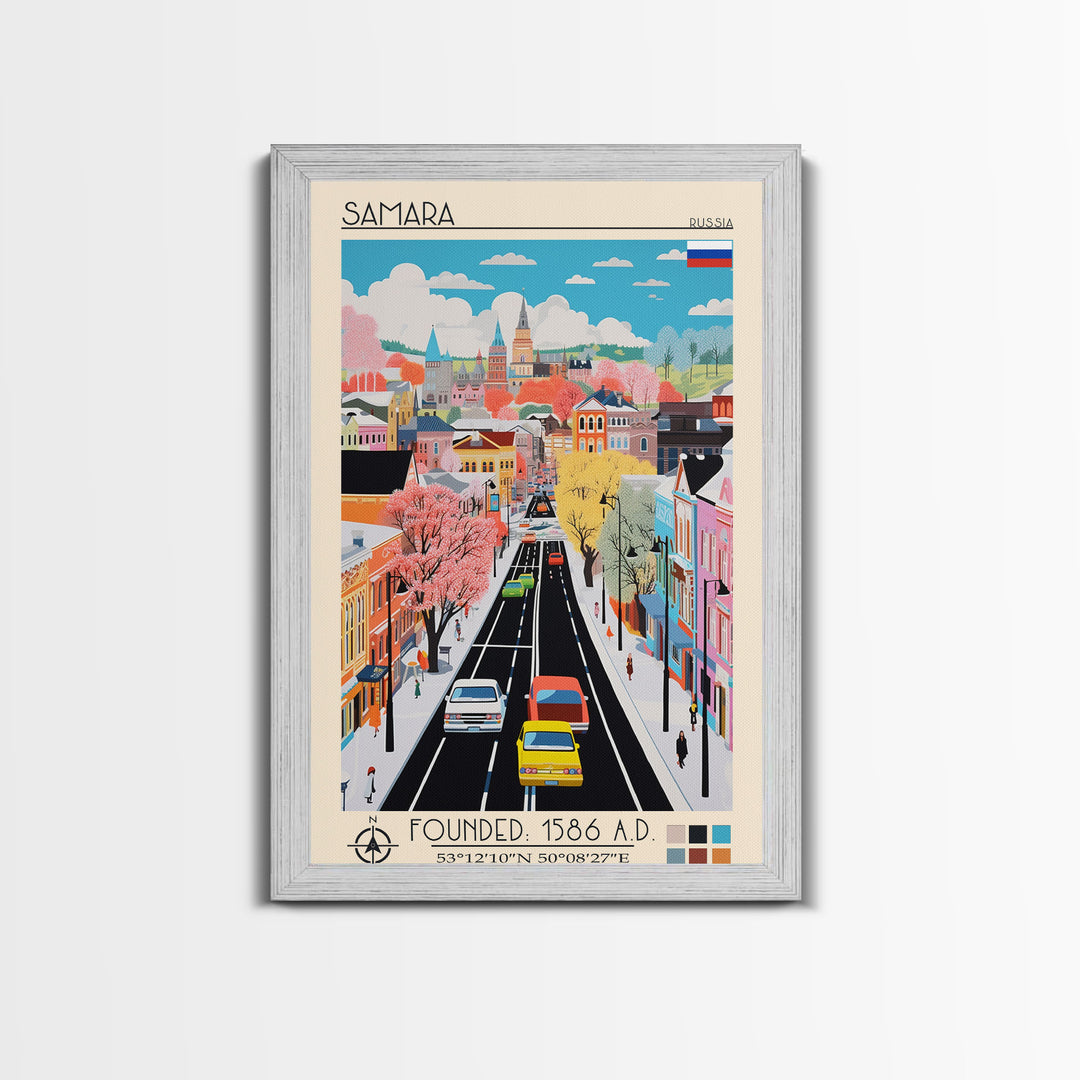Samara Russia Travel Poster Framed Canvas Print, Midcentury Modern Art, Pop Art Wall Decor, Home Decor, Office Decoration, Scenic Art