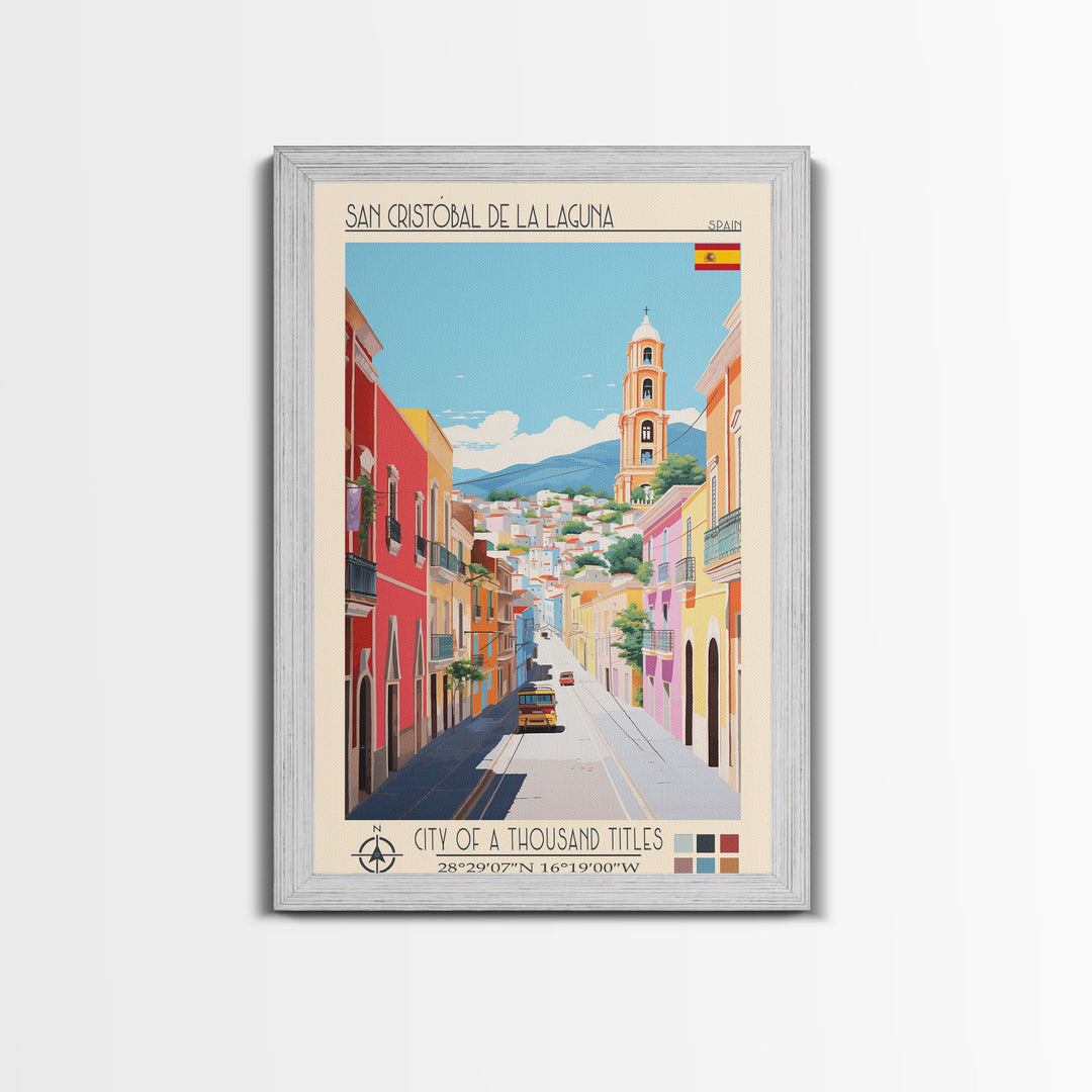 San Cristóbal de La Laguna Spain Travel Poster Framed Canvas Print, Midcentury Modern Art, Pop Art Wall Decor, Bedroom Decor, Scenic Art