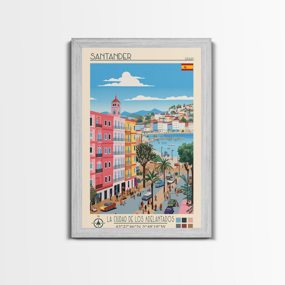 Santander Spain Travel Poster Framed Canvas Print, Midcentury Modern Art, Pop Art Wall Decor, Scenic Wall Art, Vacation Gift