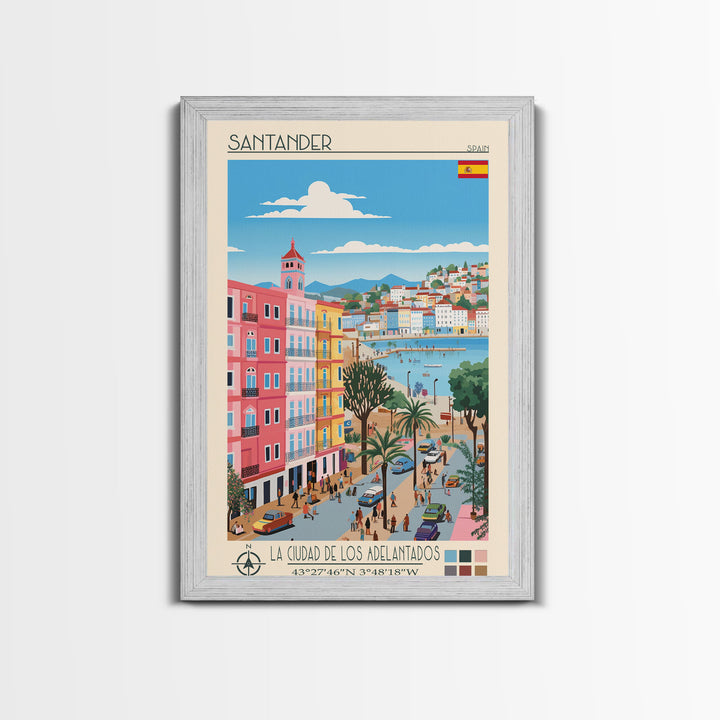 Santander Spain Travel Poster Framed Canvas Print, Midcentury Modern Art, Pop Art Wall Decor, Scenic Wall Art, Vacation Gift