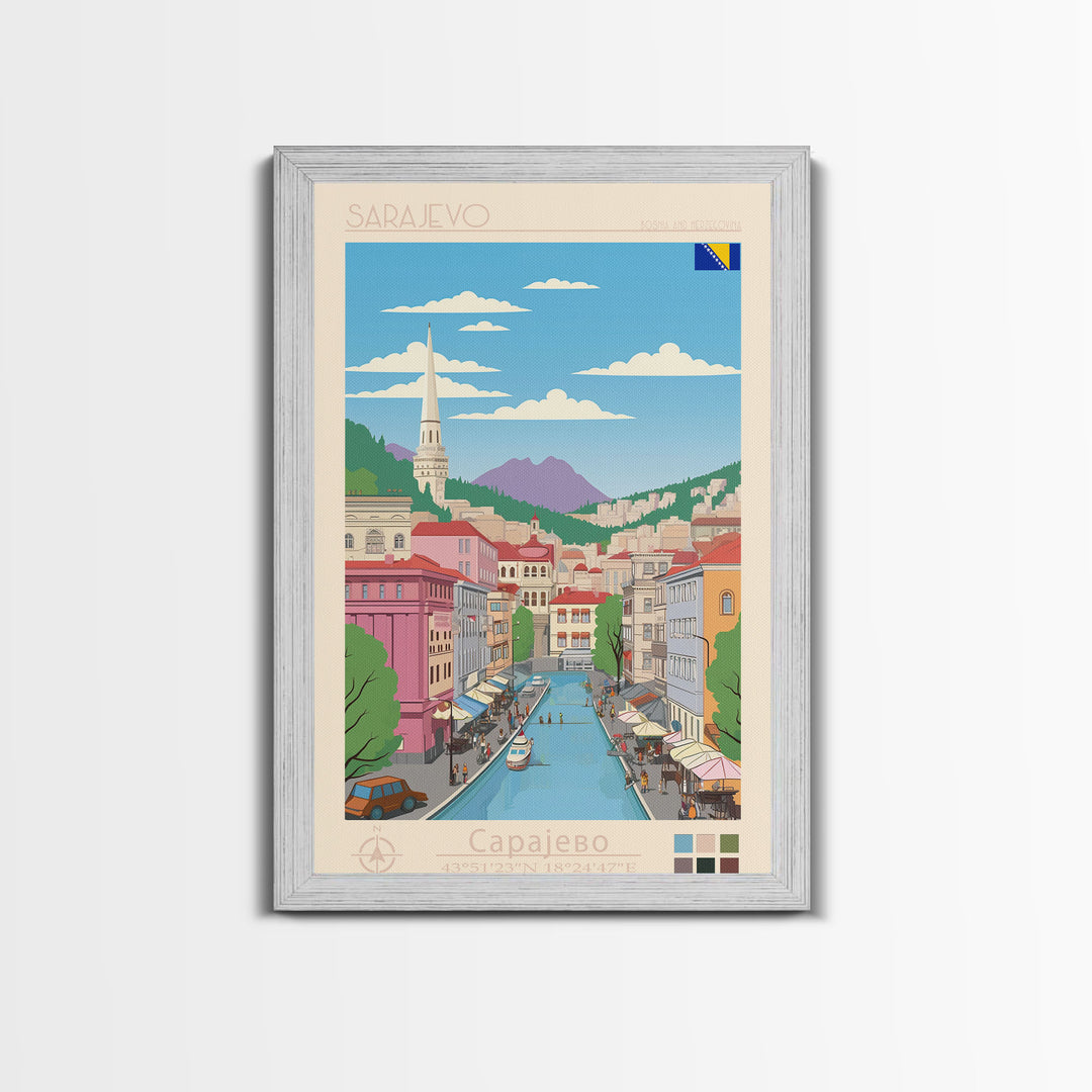 Sarajevo Bosnia and Herzegovina Travel Poster Framed Canvas Print, Midcentury Modern Art, Pop Art Wall Decor, Home Decor, Office Decoration