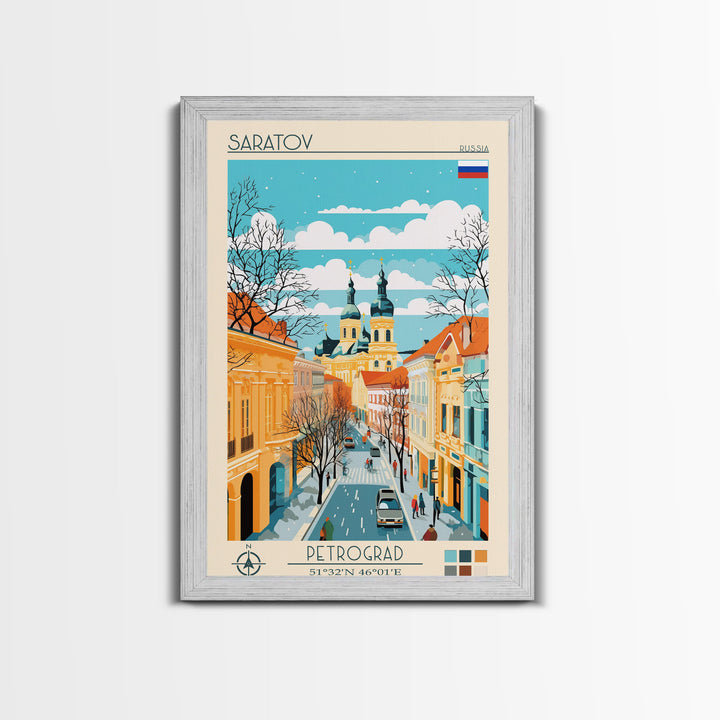Saratov Russia Travel Poster Framed Canvas Print, Midcentury Modern Art, Pop Art Wall Decor, Home Decor, Vacation Gift