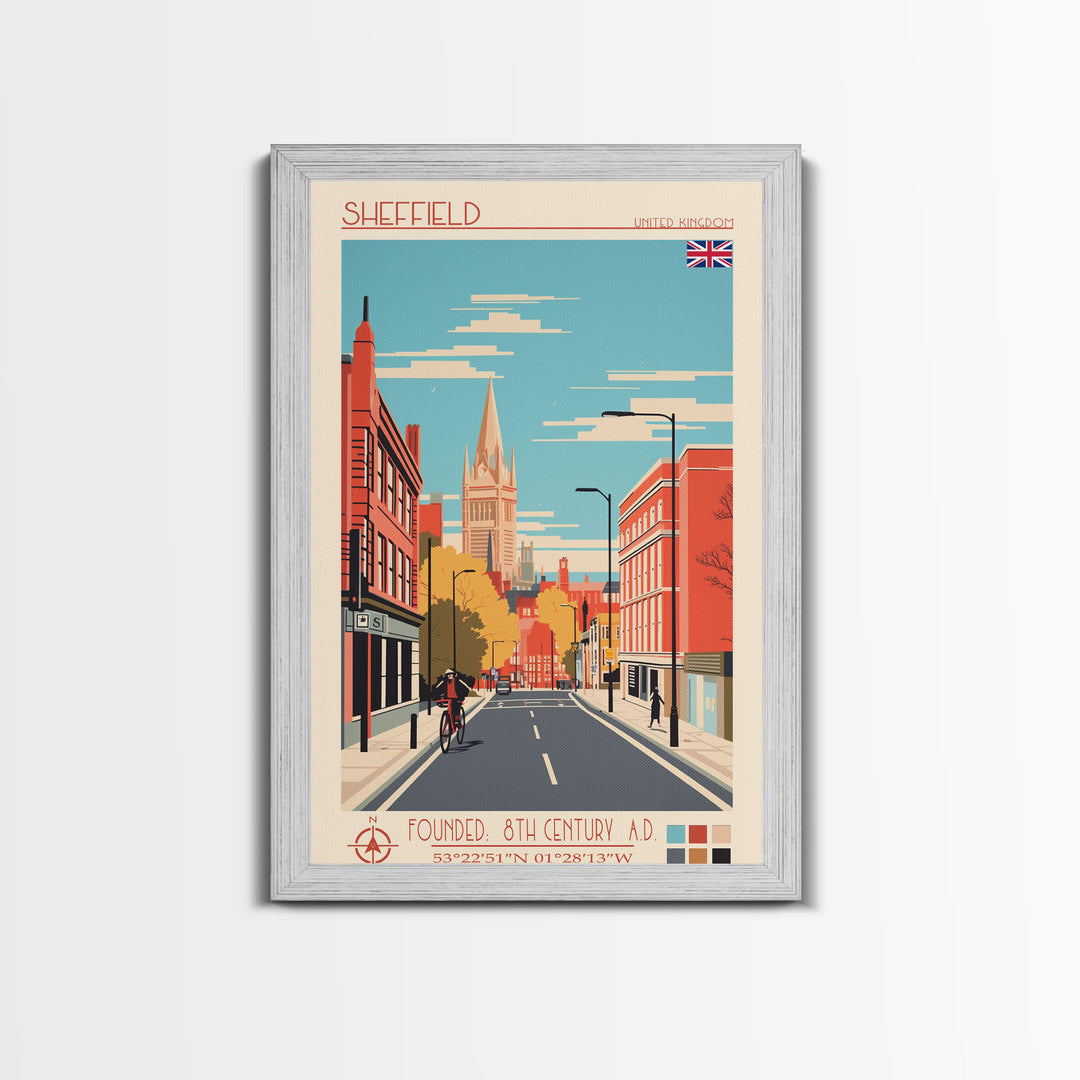 Sheffield United Kingdom Travel Poster Framed Canvas Print, Midcentury Modern Art, Pop Art Wall Decor, Home Decor, Vacation Gift, Office Art