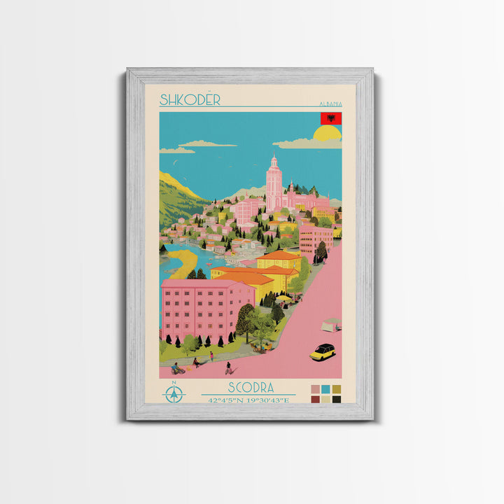 Shkodër Albania Travel Poster Framed Canvas Print, Midcentury Modern Art, Pop Art Wall Decor, Scenic Wall Art, Bedroom Decoration