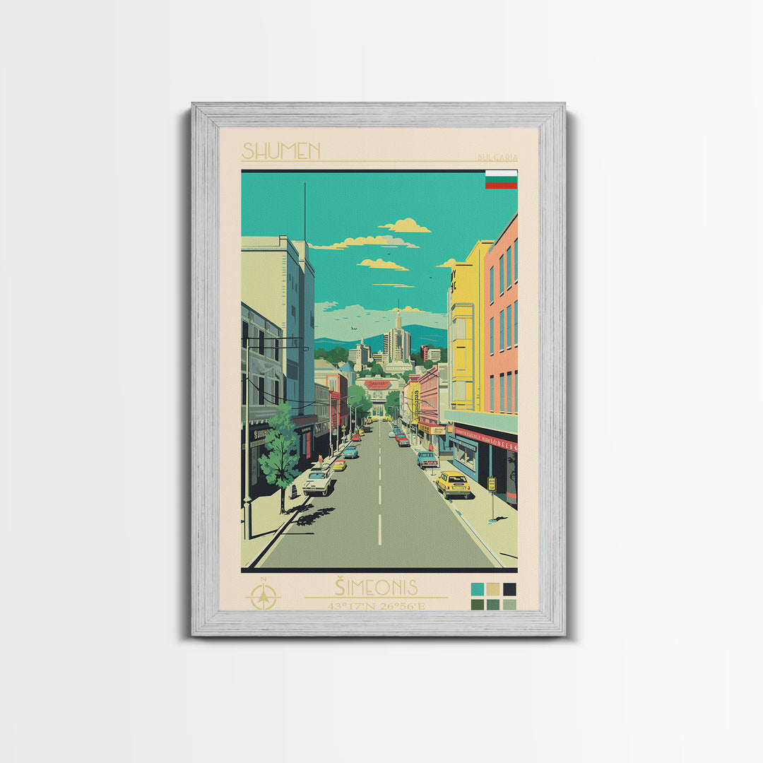 Shumen Bulgaria Travel Poster Framed Canvas Print, Midcentury Modern Art, Pop Art Wall Decor, Home Decor, Office Decoration, Scenic Art
