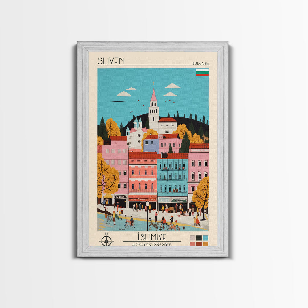Sliven Bulgaria Travel Poster Framed Canvas Print, Midcentury Modern Art, Pop Art Wall Decor, Living Room Art, Vacation Gift