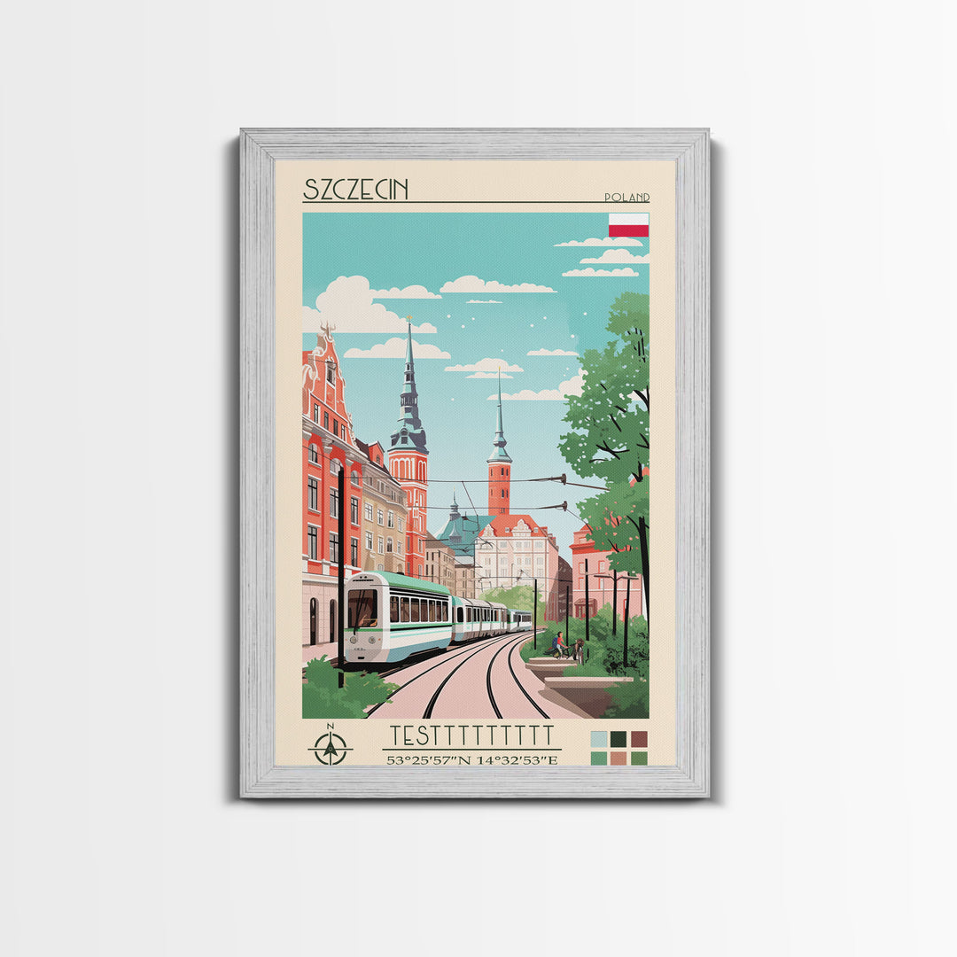 Szczecin Poland Travel Poster Framed Canvas Print, Midcentury Modern Art, Pop Art Wall Decor, Living Room Art, Scenic Wall Art