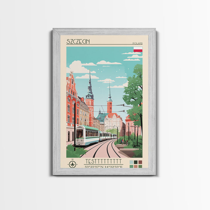 Szczecin Poland Travel Poster Framed Canvas Print, Midcentury Modern Art, Pop Art Wall Decor, Living Room Art, Scenic Wall Art