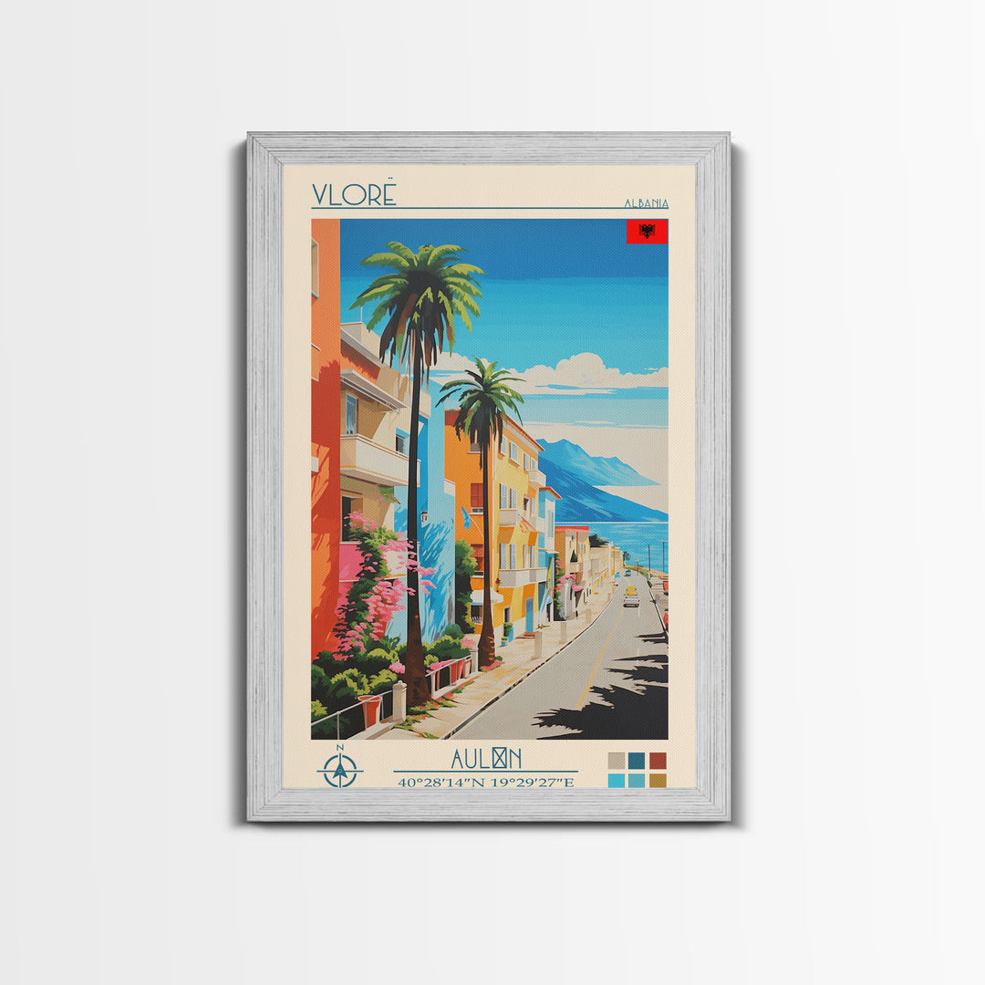 Vlorë Albania Travel Poster Framed Canvas Print, Midcentury Modern Art, Pop Art Wall Decor, Living Room Art, Home Decoration