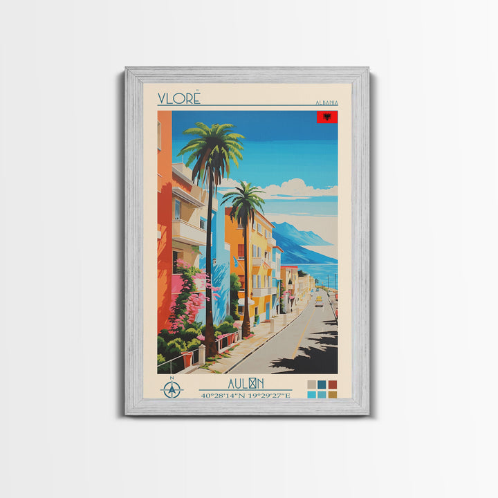 Vlorë Albania Travel Poster Framed Canvas Print, Midcentury Modern Art, Pop Art Wall Decor, Living Room Art, Home Decoration