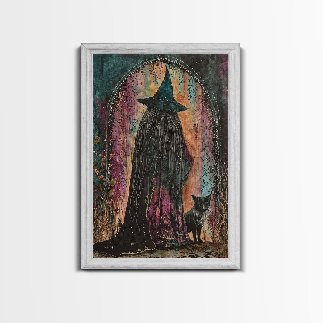 Cottage Core Witch Framed Canvas Print, Springtime Witch, Halloween Art, Halloween Decor, Colorful Halloween Witch Decor Wall Art