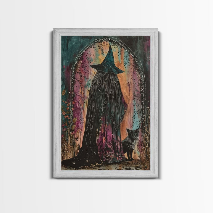 Cottage Core Witch Framed Canvas Print, Springtime Witch, Halloween Art, Halloween Decor, Colorful Halloween Witch Decor Wall Art