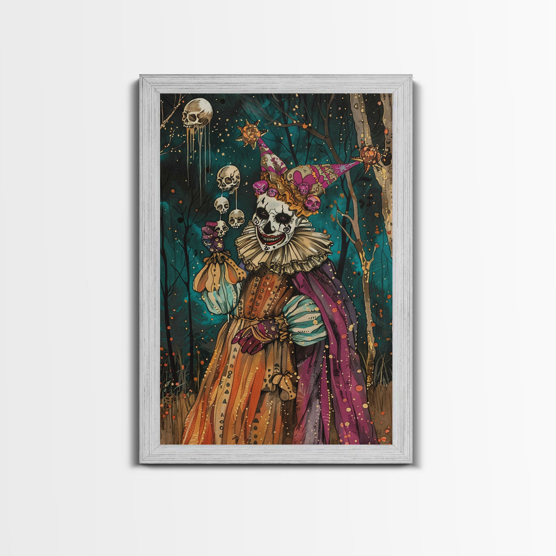 Halloween Sinister Clown in Dark Forest Framed Canvas Print, Creepy Wall Art, Home Decor, Horror Decor, Gift Idea, Spooky Carnival