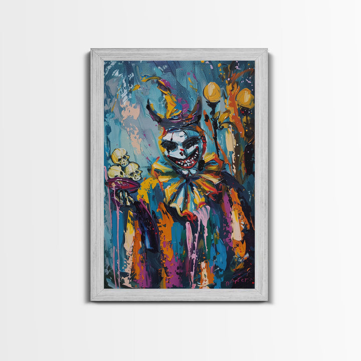 Halloween Grinning Clown with Skulls Framed Canvas Print, Scary Wall Art, Home Decor, Haunted Decor, Gift Idea, Creepy Circus