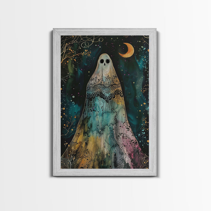 Cottage Core Ghost Decor, Cottagecore Halloween Art Framed Canvas Print, Unique Wall Art, Spooky Season Decor