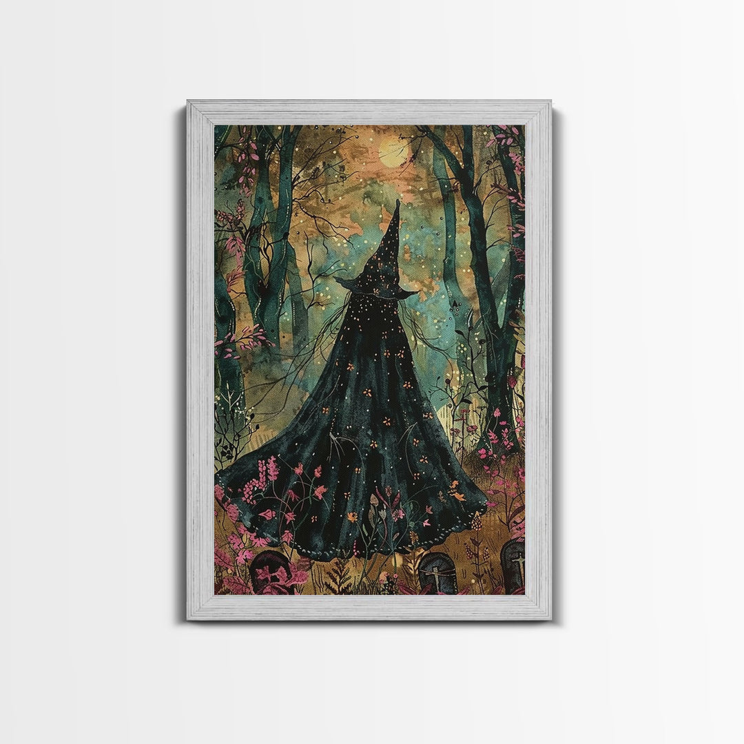 Halloween Witch in Dark Forest, Framed Canvas Print, Wall Art, Living Room Decor, Spooky, Witch Art, Original Painting, Home Decor