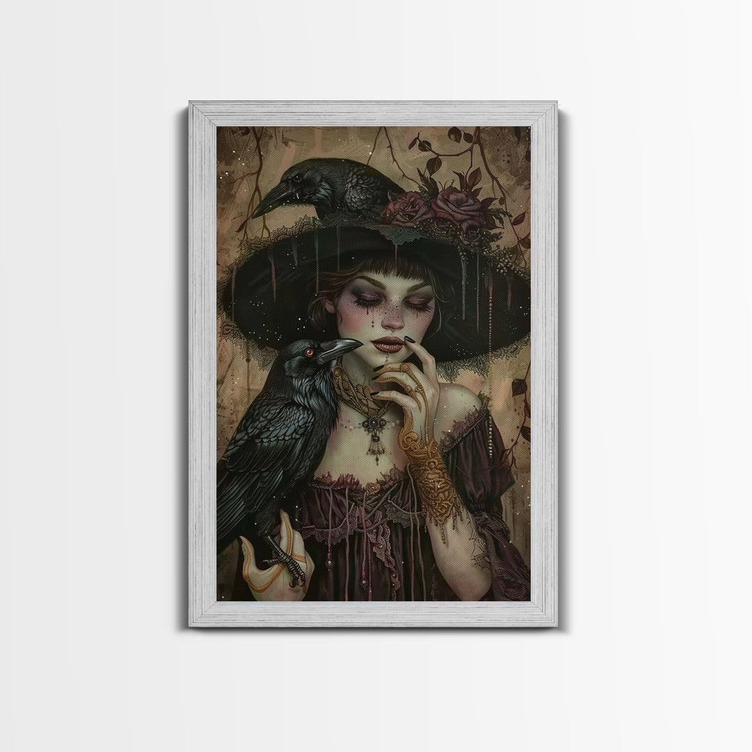 Cottage Core Witch With Raven Framed Canvas Print, Halloween Wall Decor / Wall Art, Spooky Witch, Spooky Month Gift Idea