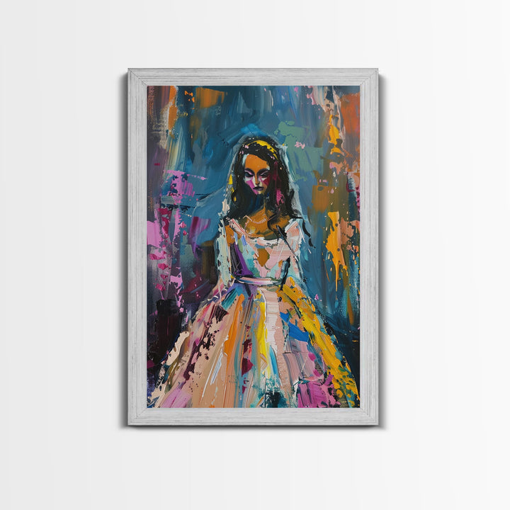 Halloween Bride with Colorful Dress, Framed Canvas Print, Wall Art, Living Room Decor, Spooky, Bride Art, Original Painting, Home Decor