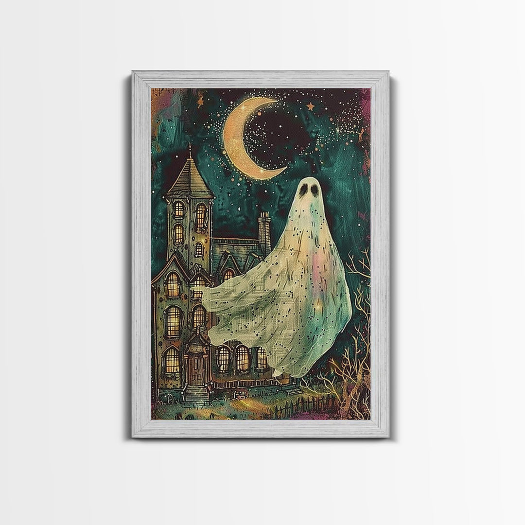 Halloween Ghost with Colorful Background, Framed Canvas Print, Wall Art, Spooky Decor, Halloween Decoration, Living Room Art, Unique Gift