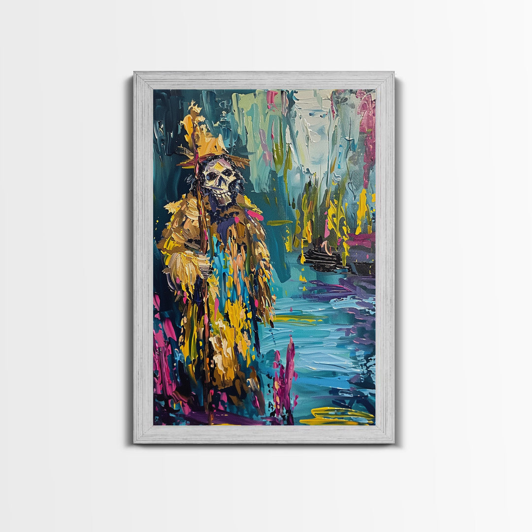 Halloween Skeleton Wizard, Framed Canvas Print, Wall Art, Home Decor, Spooky Artwork, Witchcraft Decor, Fantasy Art, Holiday Decor