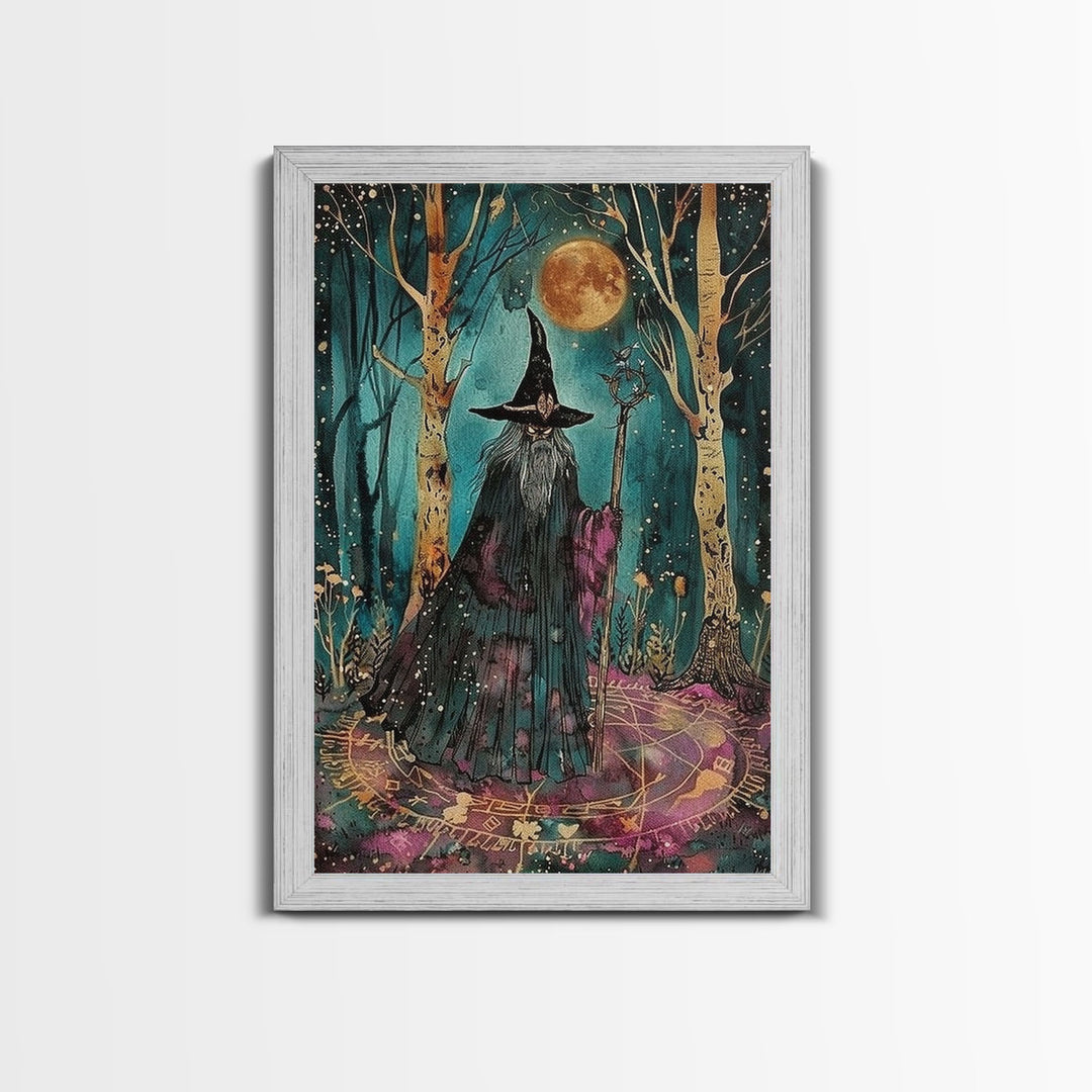 Halloween Wizard in Forest, Framed Canvas Print, Wall Art, Home Decor, Spooky Artwork, Magic Decor, Halloween Decor Painting, Holiday Decor