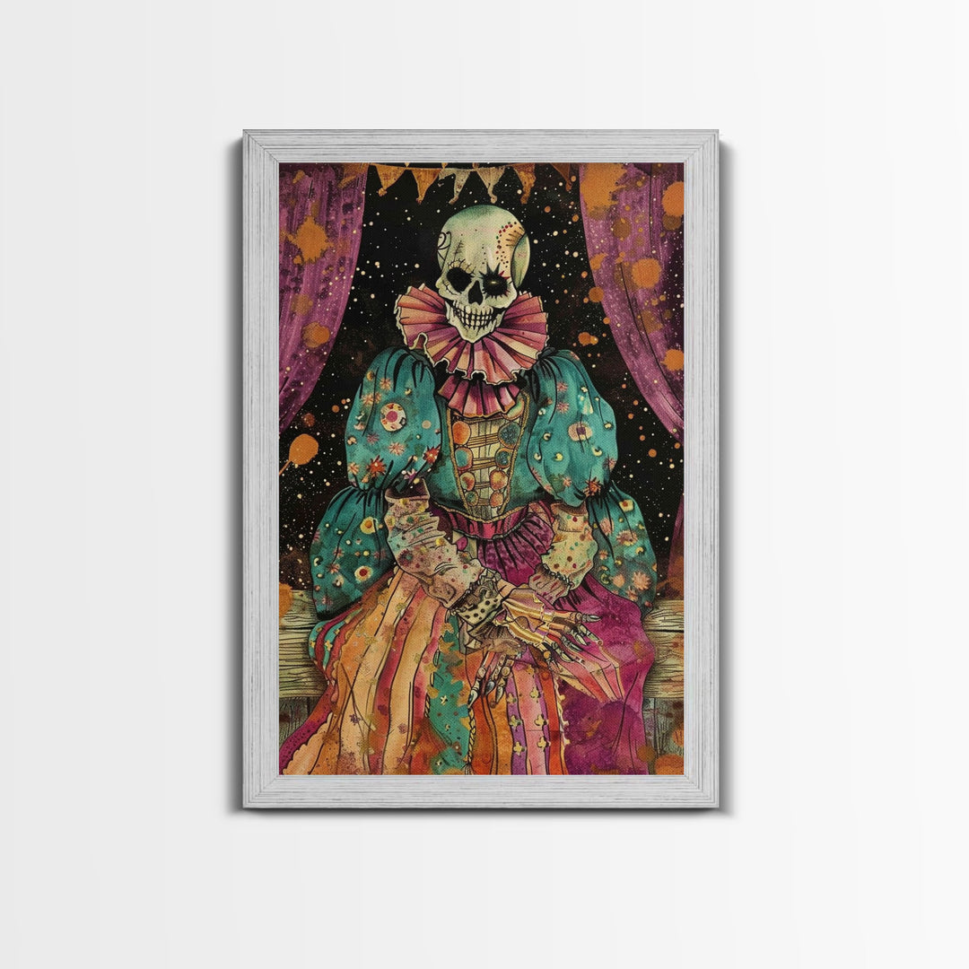 Creepy Skeleton Clown Framed Canvas Print, Cottagecore Halloween Mashup, Spooky Vibes Halloween Decor