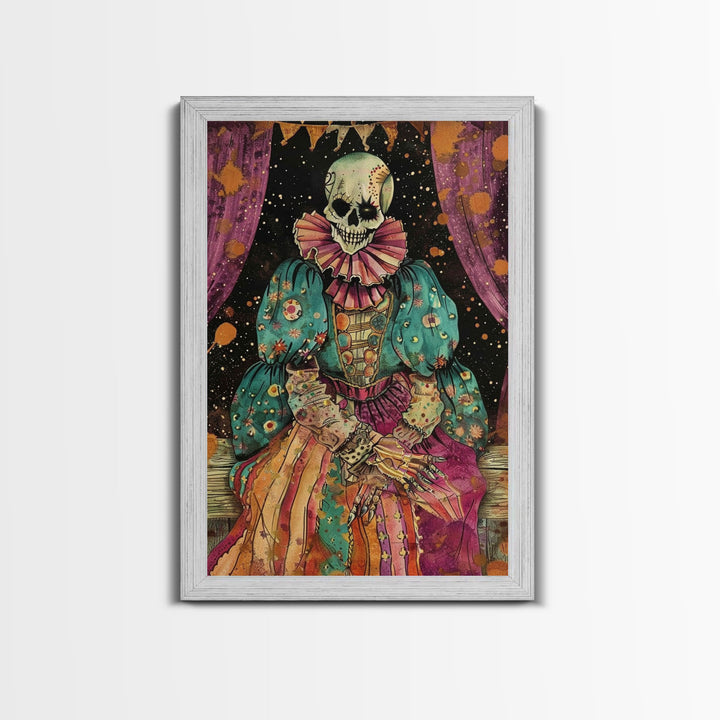 Creepy Skeleton Clown Framed Canvas Print, Cottagecore Halloween Mashup, Spooky Vibes Halloween Decor