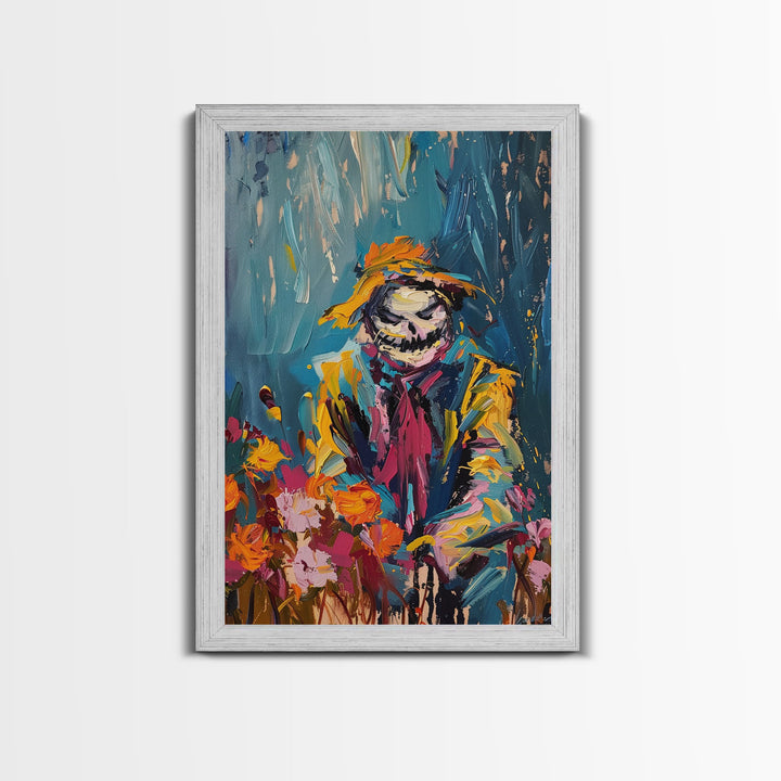 Colorful Scarecrow in Flower Field Framed Canvas Print | Halloween Art | Whimsical Spooky Art | Playful Scarecrow Art for Home Decor