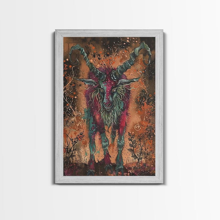 Mysterious Goat Demon Framed Canvas Print, Halloween Art, Unique Wall Art, Spooky Home Decor, Scary Art, Eerie Living Room Decor