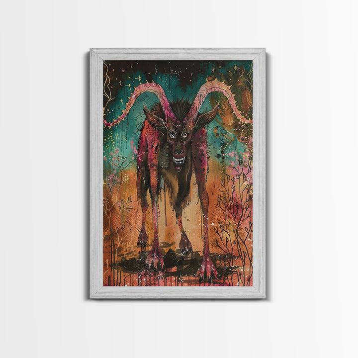Spooky Goat Demon in the Woods Framed Canvas Print, Halloween Art, Creepy Wall Art Spooky Home Decor, Scary Art Mysterious Living Room Decor