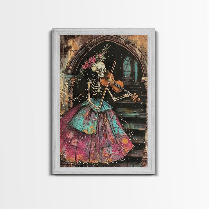 Elegant Skeleton Violinist in Gown Framed Canvas Print, Halloween Art, Creepy Wall Art, Spooky Home Decor, Art, Vintage Living Room Decor